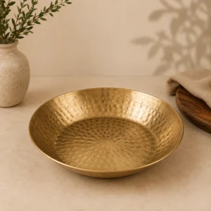 Hand hammered brass parat platter for kitchen, 16 inch round serving and preparation dish