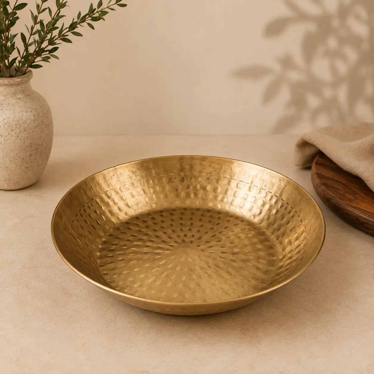 Hand hammered brass parat platter for kitchen, 16 inch round serving and preparation dish
