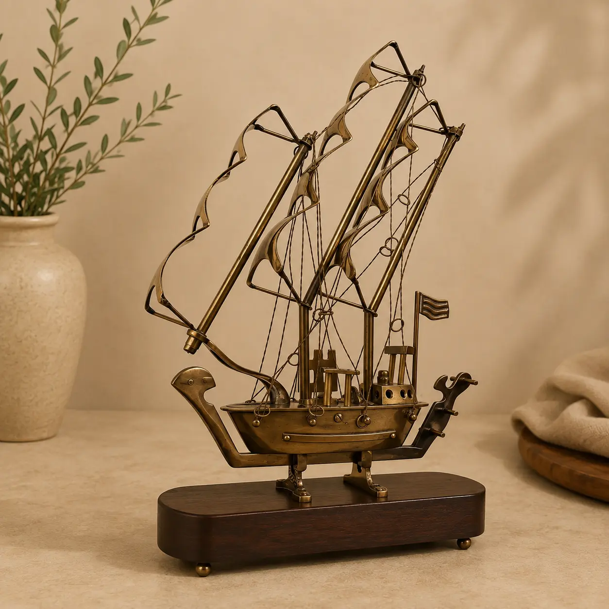 Handmade brass ship showpiece with handcrafted sails